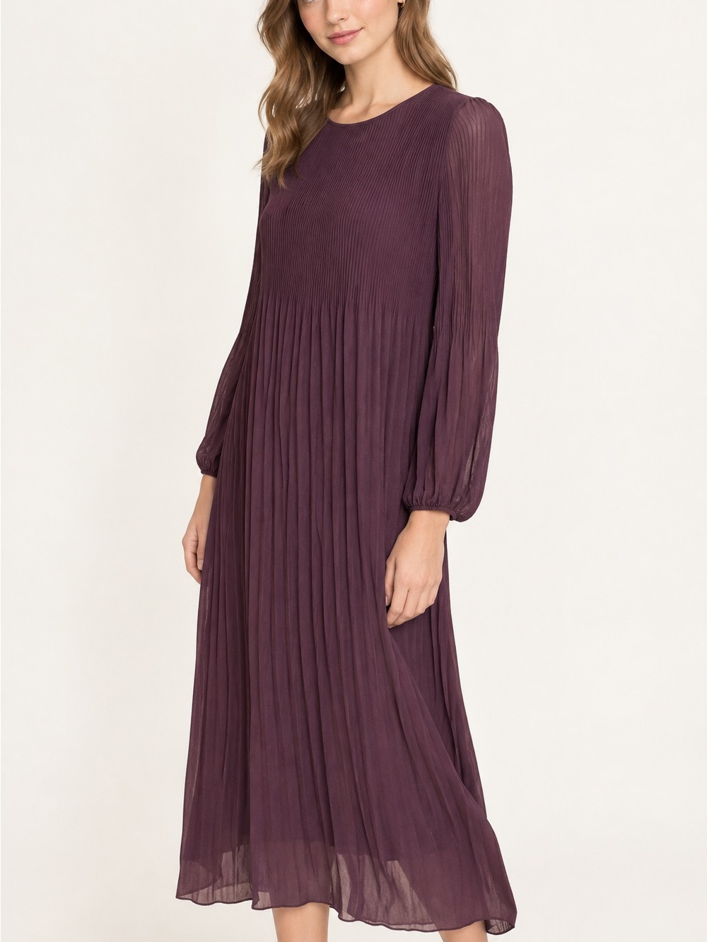 Wilfred Daydreamer Midi Dress Burgundy Plum Pleated Long Sleeve Aritzia XS